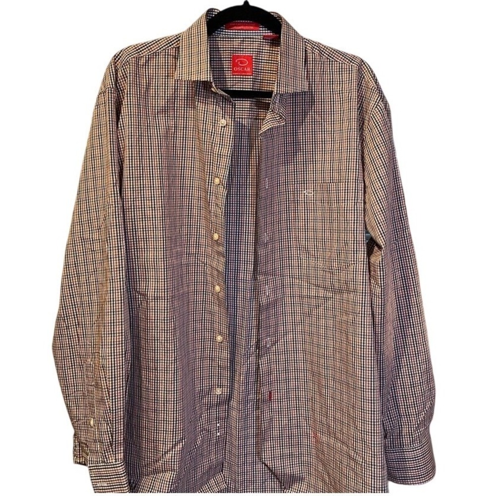 Oscar de la Renta Mens Gingham Button Down Shirt Brown Navy Cotton Size M